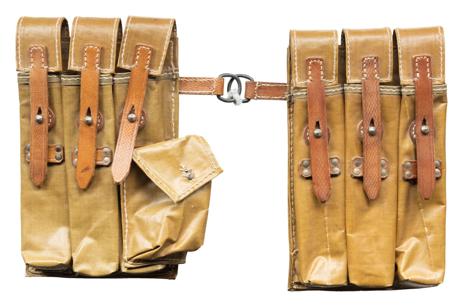 EXCEEDINGLY SCARCE GERMAN WWII MP40 MAGAZINE: POUCHES CONSTRUCTED FROM GAS CAPE MATERIAL. By 1944 and into 1945, severe material shortages pushed Germany into a dire situation, forcing many materials, particularly leather in this instance, to be 
