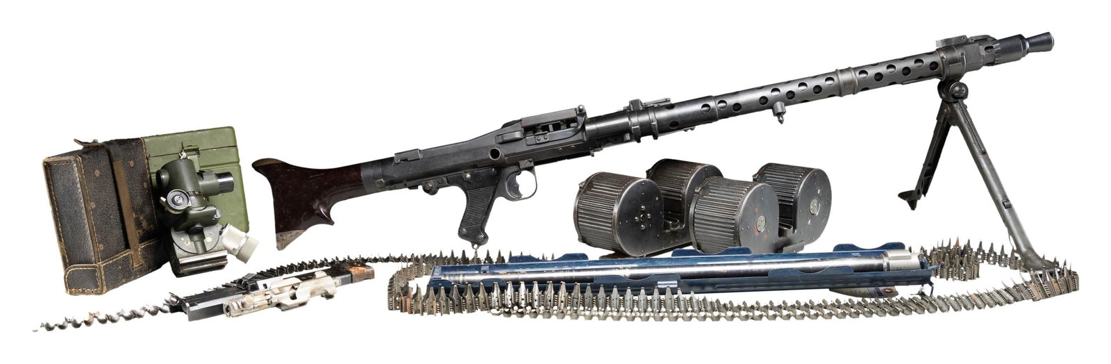 FULLY TRANSFERABLE & EARLY MG-34 MACHINE GUN.: Cal. 7.92 (8mm Mauser). S# 3878h. Bbl. 24 3/4". NFA registry lists mfr. as German. Flip up blade rear sight. Tangent rear sight graduated to 2000m. Feed tray, bolt parts, bbl. & buttstock are mismatch