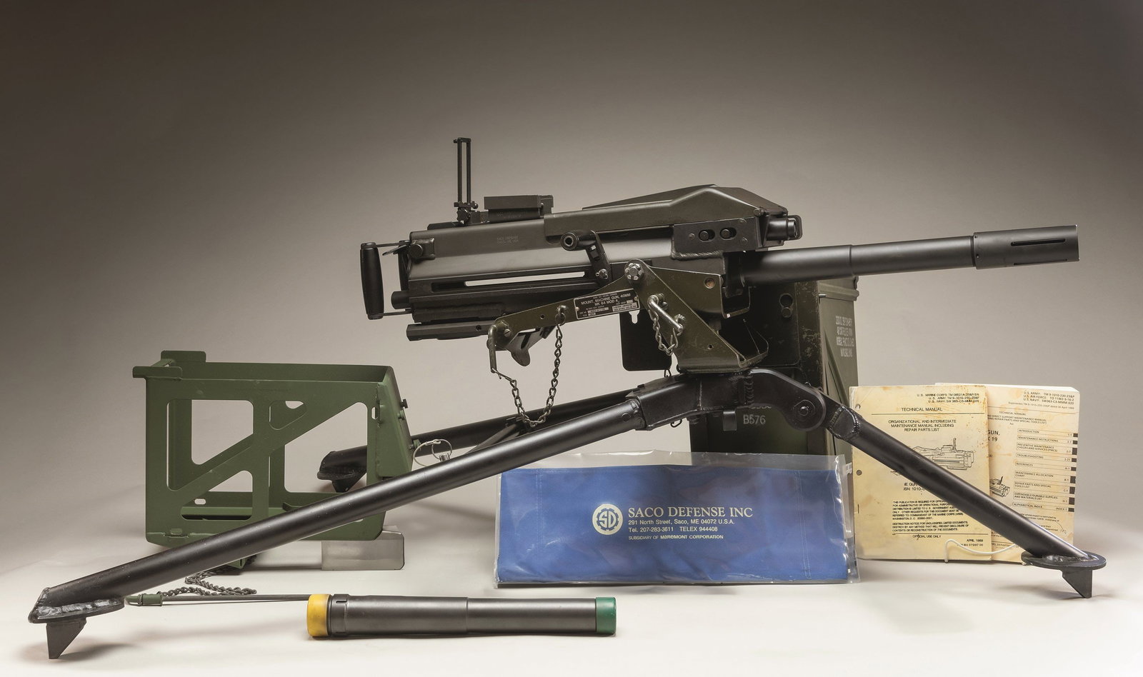 FULLY TRANSFERABLE SACO DEFENSE MODEL MK19 MOD 3: FULLY AUTOMATIC 40MM GRENADE LAUNCHER ON MOUNT. S# MK19001. Bbl 22" with flash suppressor. A real once in a lifetime opportunity to own a firearm that usually doesn't exist outside of fables & tall ta