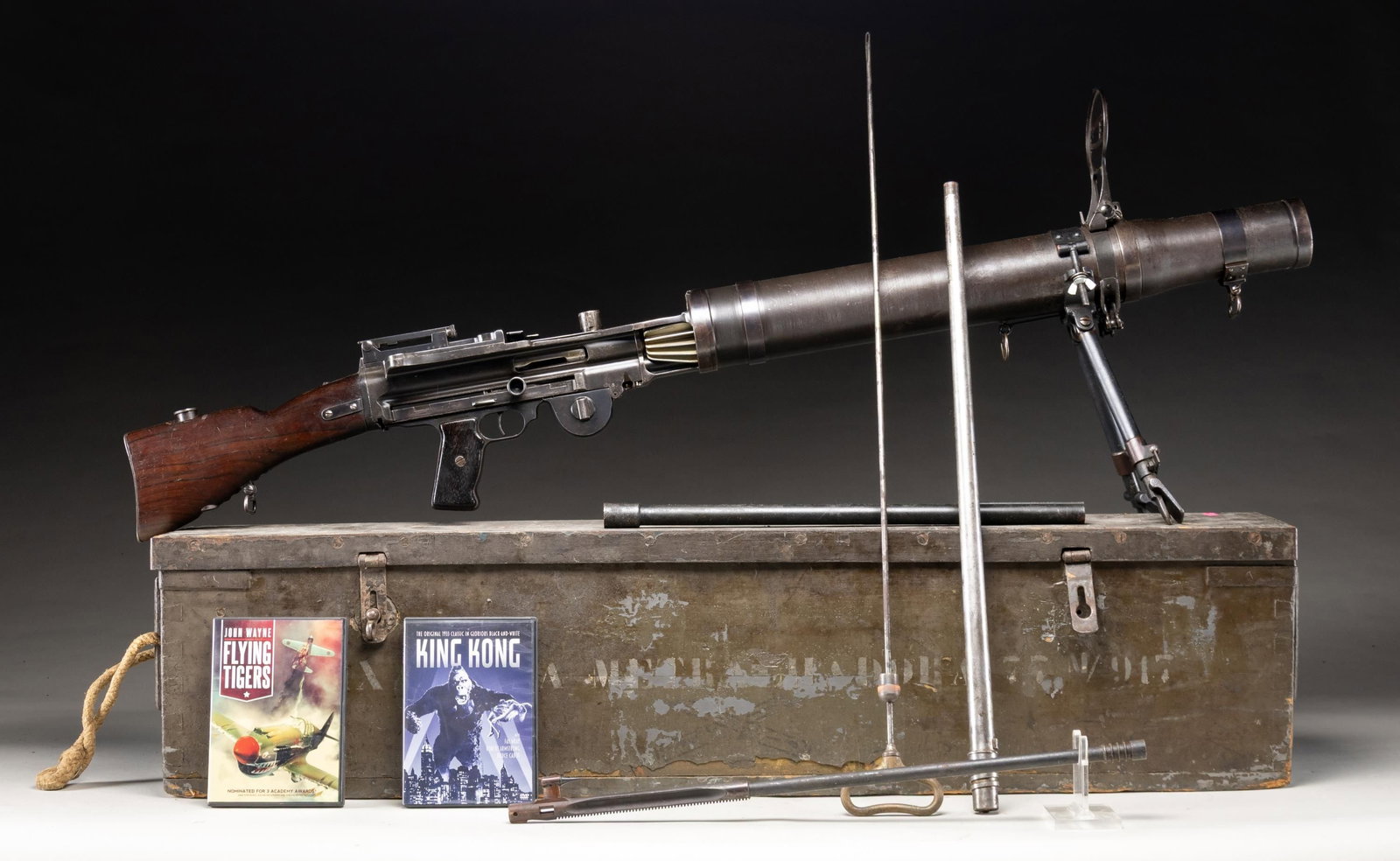 FULLY TRANSFERABLE BRITISH 1914 LEWIS MACHINE GUN.: Cal. 303. S# 13171. Bbl. 26". Blade front sight with protective ears. Flip up AA front sight also present. Ladder aperture rear sight graduated to 1900yds. Standard BSA/British markings on receiver. R