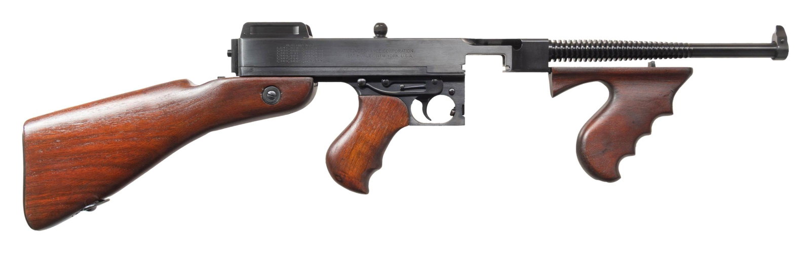 FULLY TRANSFERABLE NEAR PERFECT C&R AUTO ORDINANCE: WEST HURLEY 1928 A RANGE THOMPSON SUBMACHINE GUN. Cal. 45 ACP S#1326A. Bbl 10 1/2" Muzzle terminated w/ fixed front sight blade. 27 classic cooling fins on barrel. Vertical forearm. Quality machined r
