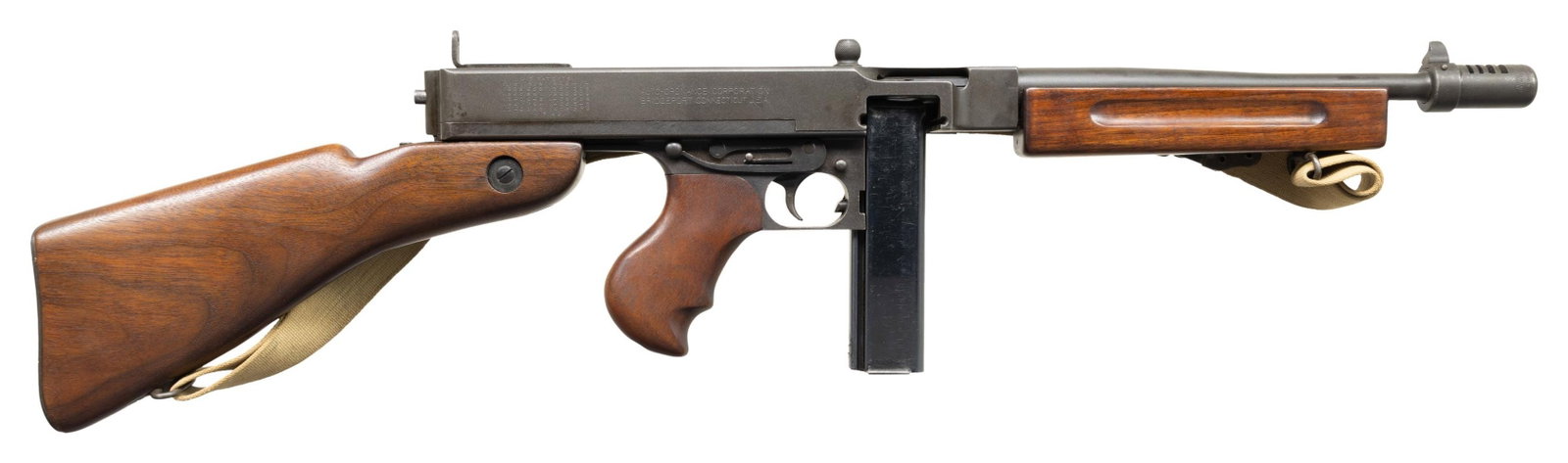 FULLY TRANSFERABLE M1928A1 THOMPSON SUBMACHINE GUN: Cal. 45 ACP. S# A0113397. Bbl. 10 1/2" "S" marked with Cutts compensator. Blade front sight. Fixed Lyman aperture rear sight. Early WW2 era Thompson SMG. Late production example without bbl. fins. AO 