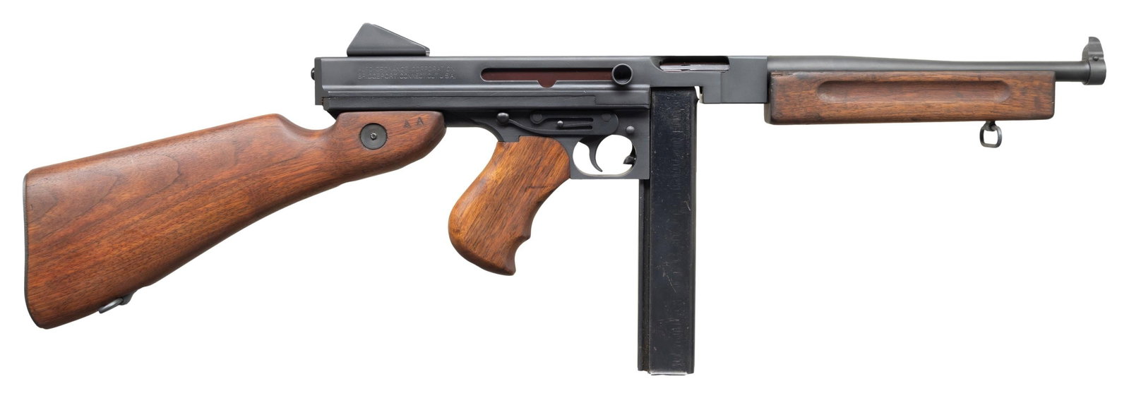 FULLY TRANSFERABLE WW2 M1A1 THOMPSON SUBMACHINE: GUN. Cal. 45 ACP. S# 452120. Bbl. 10 1/2". Blade front sight. Stamped sheet metal aperture rear sight. Iconic WW2 M1A1 Thompson submachine gun. Left side of receiver has "AO-44" rebuild mark with "GHD
