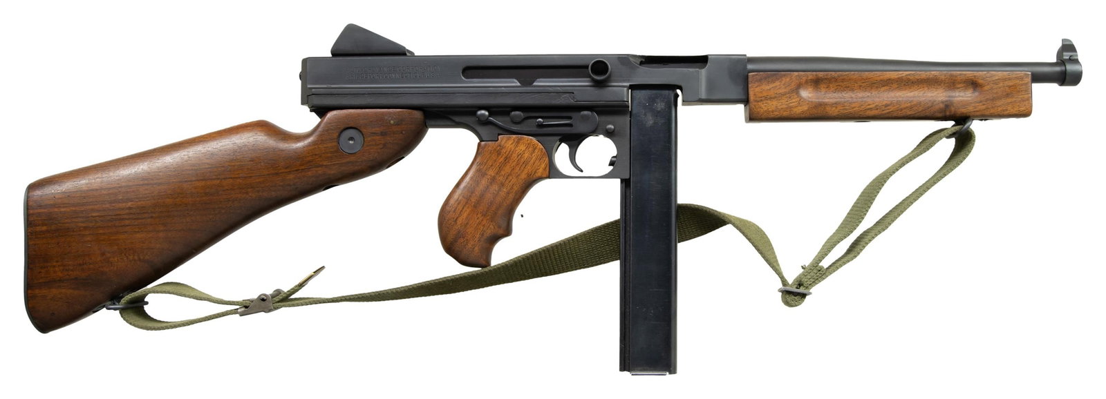 FULLY TRANSFERABLE AUTO ORDNANCE M1A1 THOMPSON: SUBMACHINE GUN. Cal. 45 ACP. S# 827202. Bbl. 10" marked with a Savage "S". Blade front sight. Fixed aperture rear sight. Top rear of receiver marked "US PROPERTY". Left front of receiver has two circl