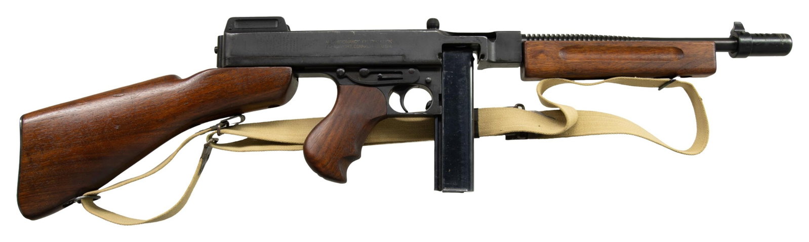 FULLY TRANSFERABLE AUTO ORDNANCE 1928A1 THOMPSON: SUBMACHINE GUN.Cal. 45 ACP. S# 39426. Bbl. 10 1/2" finned with Cutts Comp that has both Thompson & Auto Ordnance markings. Blade front sight. Lyman ladder aperture rear sight. Matching numbers on uppe