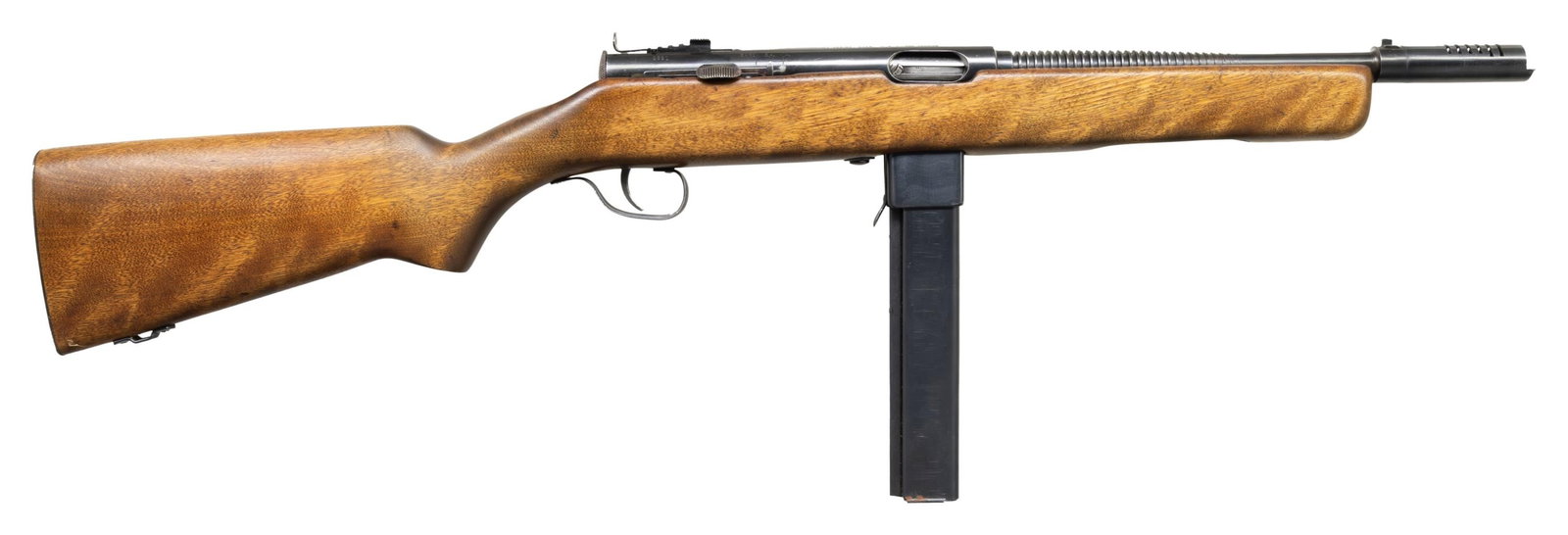 FULLY TRANSFERABLE H&R M50 REISING SUBMACHINE GUN.: Cal. 45 (ACP). S# 6891. Bbl. 11" with 21 fins & comp. Blade front sight. Adjustable aperture rear sight. WW2 era closed bolt SMG infamously used by the Marine Corps during the Guadalcanal campaign & s