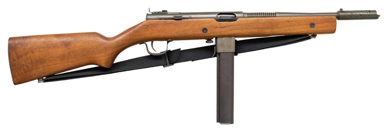 FULLY TRANSFERABLE H&R M50 REISING SUBMACHINE GUN.: Cal. 45 ACP. S# 73149. Bbl. 11" with 14 fins & comp. Blade front sight. Adjustable aperture rear sight. WW2 era closed bolt SMG infamously used by the Marine Corps during the Guadalcanal campaign & se