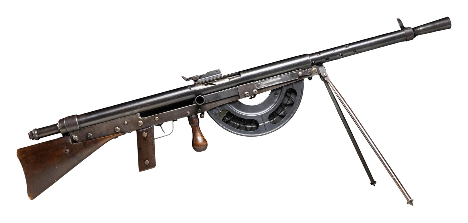 FULLY TRANSFERABLE FINNISH MARKED M1915 CHAUCHAT: MACHINE GUN.Cal. 8mm Lebel. S# 206196. Bbl. 18". Blade front sight. Tangent rear sight graduated to 2000m rear sight has two vacant locking screw holes causing the aperture to be loose. Matching numbe