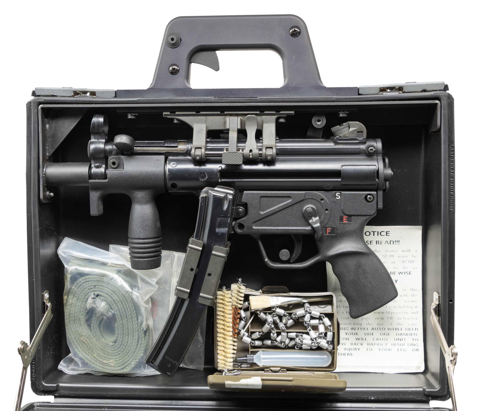 FLEMING MP5K SEAR GUN WITH HOFBAUER BRIEFCASE.: Cal. 9mm Luger. S# H0455 (sear) & 21-13338 (Host gun). Bbl. 4 1/2". MP5K style sights with adjustable drum rear. Appears to be an SP89 that was converted to MP5K config. without paddle mag release &