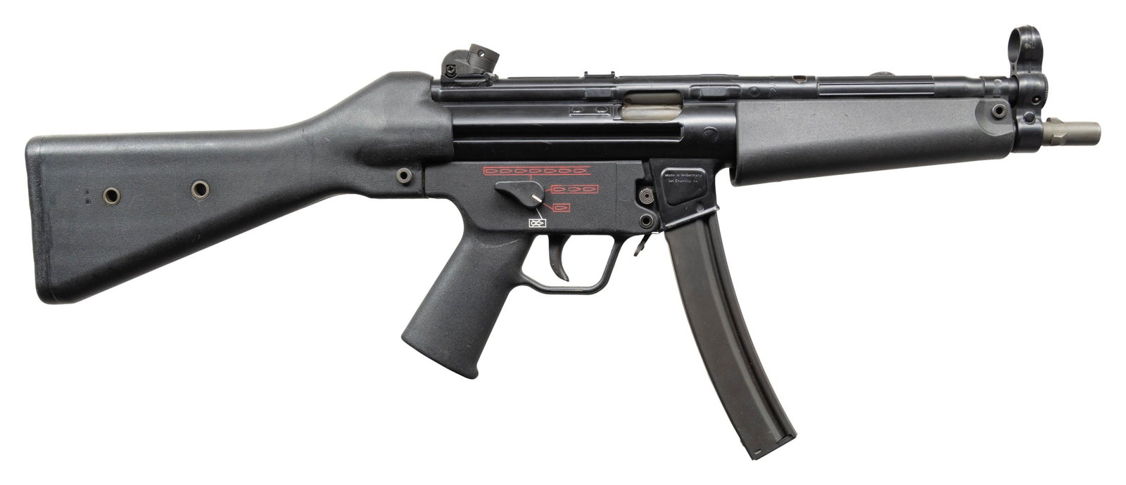 SOUGHT AFTER, FLEMING REGISTERED 4-POSITION AUTO: SEAR PACK WITH T DYER CONVERSION MP5 HOST GUN. Cal. 9mm. S# H1519 (Sear) / 5856 (host receiver). Bbl. 9". Originally mfg. as an HK94 semi-automatic rifle, this example was professionally converted by