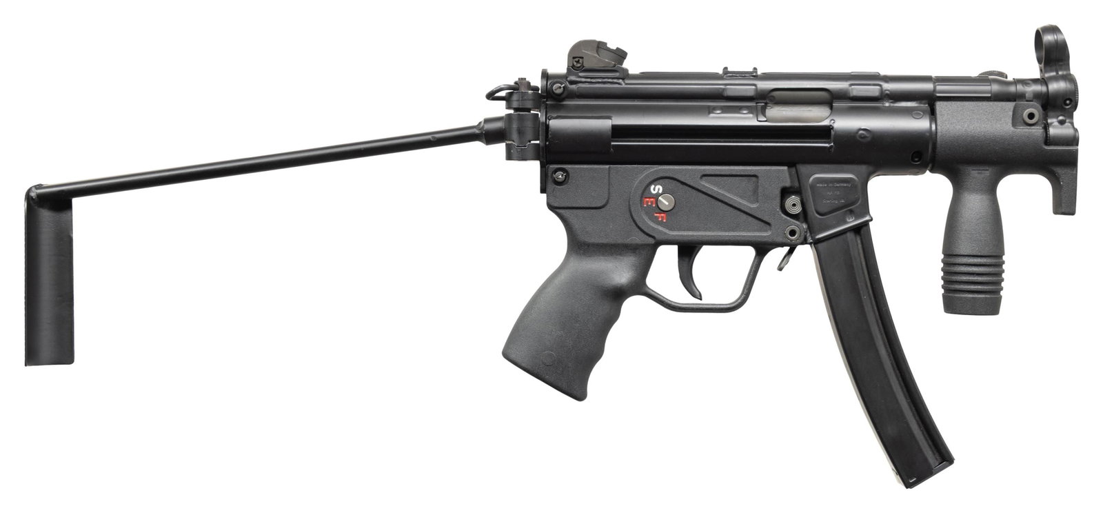 T DYER CONVERSION MP5K HOST GUN WITH REGISTERED: AUTO SEAR. Cal. 9 (9x19mm). S# 21-26742 (receiver) H1289 (sear pack). Bbl. 4 3/4". Originally mfg. by HK as an SP89, this example was subsequently converted into an MP5K configuration by T Dyer and fi