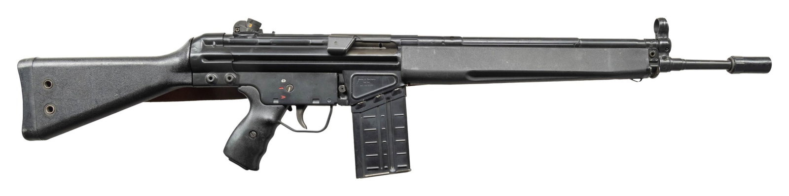 FULLY TRANSFERABLE H&K/FLEMING G3 MACHINE GUN.: Cal. 308. S# A044976. Bbl. 18" with flash hider. Standard H&K style sights. H&K 91 converted by Fleming to G3 select fire config. Right rear of receiver has Fleming marking above trigger guard. Right