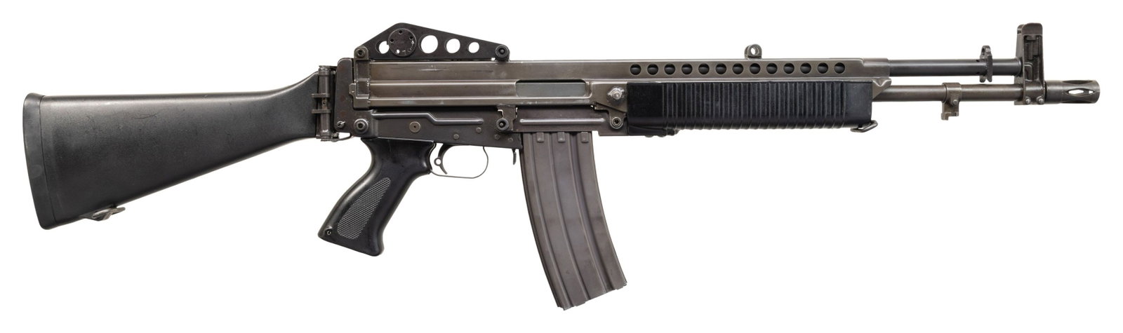 ABSOLUTELY ICONIC, FULLY TRANSFERABLE, CADILLAC: GAGE STONER 63 MACHINE GUN. Cal. .223. S# 001411 Bbl. 15.7". Manufactured 1963-1966. An incredibly rare & collectable piece of US military. From the old B&W photos of our Navy SEALS deployed w/ "Comma