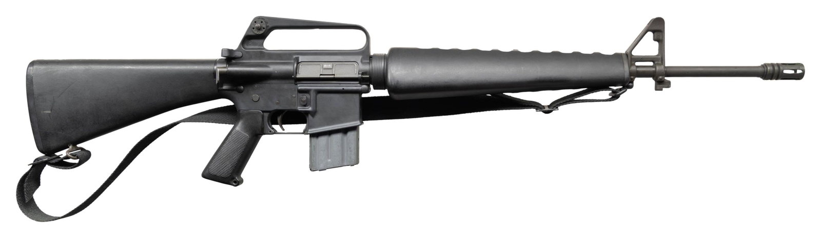 FULLY TRANSFERABLE COLT M16A1 SELECT FIRE MACHINE: GUN. Cal. 5.56mm. S# 9380162. Bbl. 20". Threaded pencil barrel terminated w/ A1 flash hider. Barrel marked: "C MP CHROME BORE". Protected post front sight / gas block / bayonet lug. Full length, trian