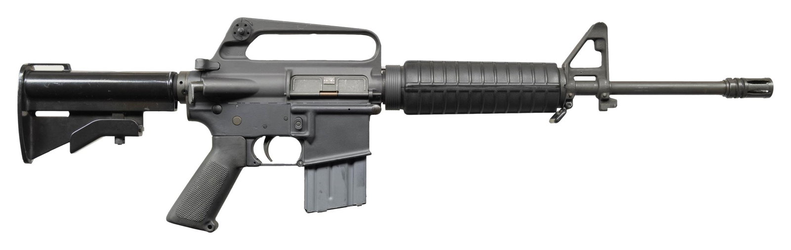 FULLY TRANSFERABLE 14.5" COLT MODEL M16A1: SELECT FIRE CARBINE. Cal. 5.56mm. S# 9277789. Bbl. 14.5". An always desirable example of a 9-thousand serial number range commercial M16 carbine. Threaded barrel terminated w/ A1 flash hider. Barrel