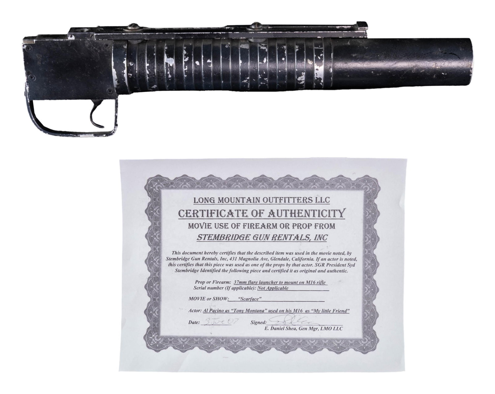 AUTHENTIC "SCARFACE" GRENADE LAUNCHER MOVIE PROP: AS USED BY AL PACHINO AS "MY LITTLE FRIEND" WITH CERTIFICATE OF AUTHENTICITY. A rare & exciting opportunity to own a famous piece of movie history. You have the opportunity to own perhaps the most fam