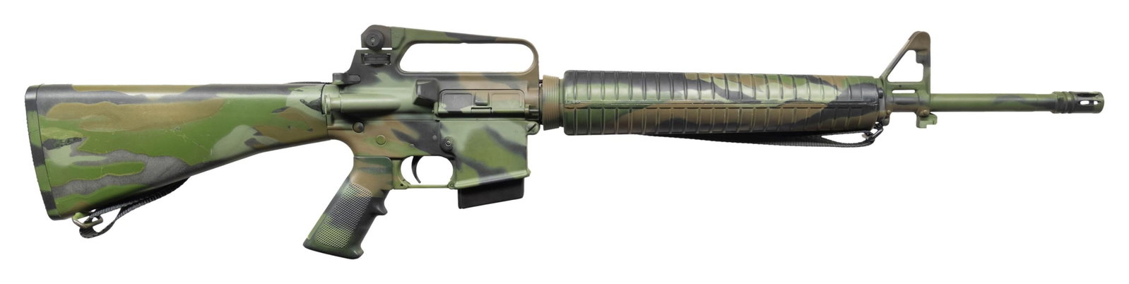 zzzEXTREMELY RARE COLT TIGER STRIPE Z-COTE AR-15A2: SPORTER II RIFLE. Cal. 223. S# SP350033. Bbl. 20". Manufactured 1988. The Z-Cote Tiger Stripe AR-15s were made in very small numbers and are often considered one of the rarest production rifles Colt