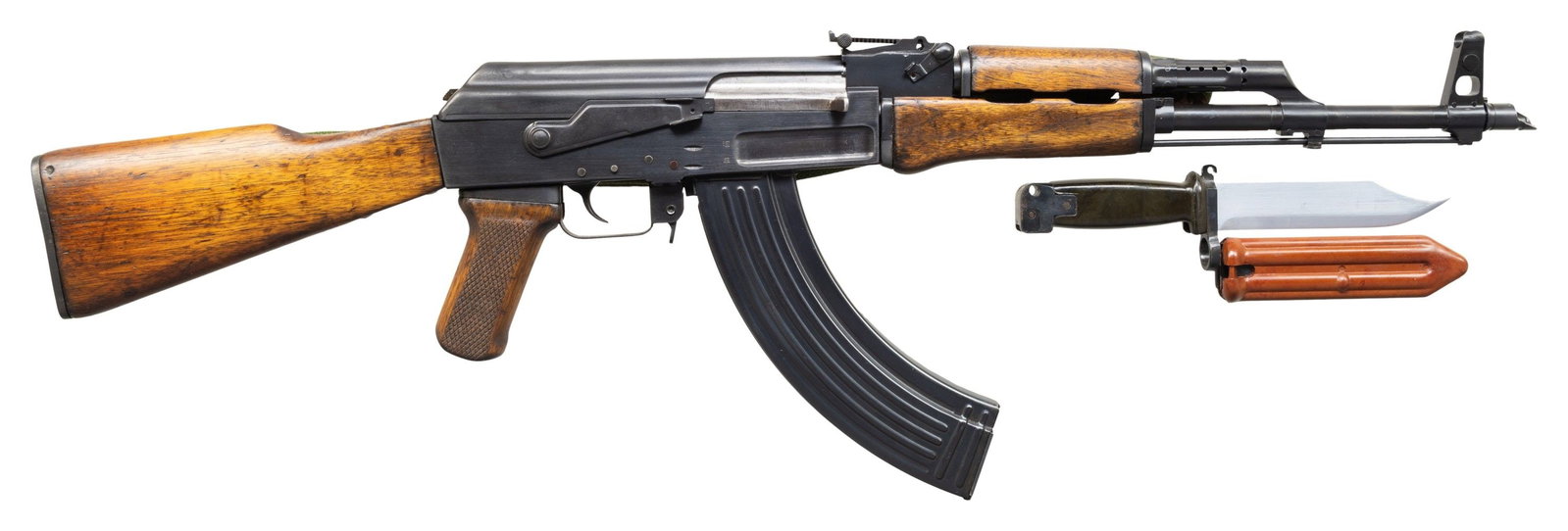 FULLY TRANSFERABLE, VIETNAM ERA, CHINESE TYPE 56: AK-47 VARIANT WITH MILLED RECEIVER & BLADE BAYONET. Cal. 7.62x39mm. S# 8412318. Bbl. 16". Chinese Type 56 AK-47 variant. Heavy, milled receiver marked on the trunnion w/ "66" inside the triangle indic