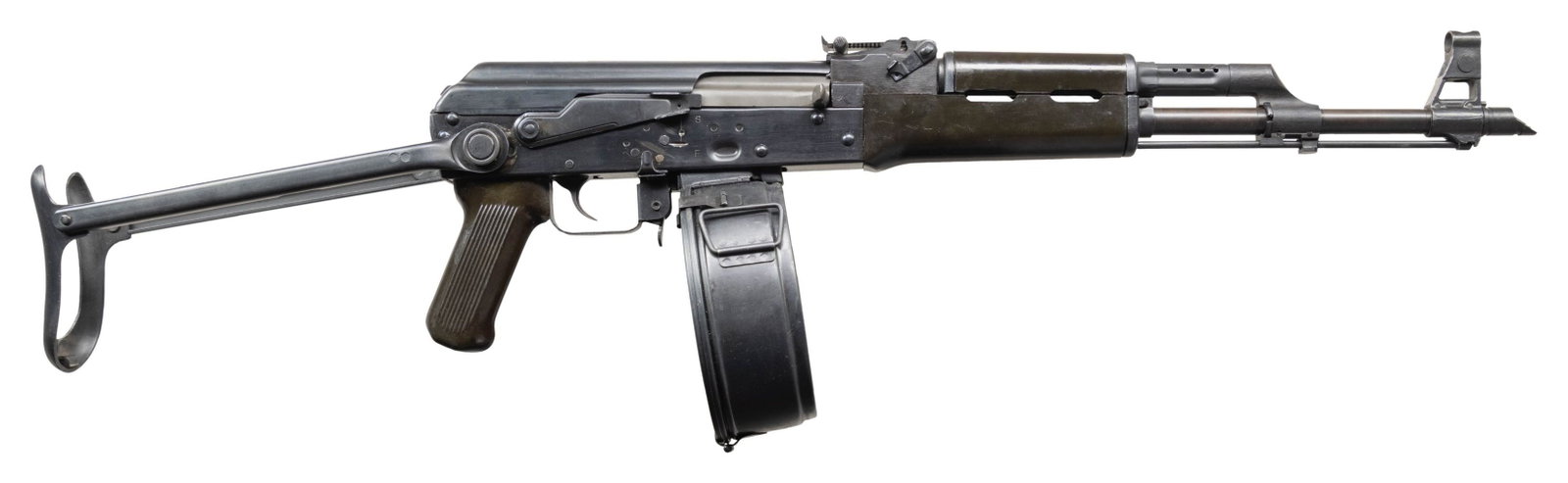 FULLY TRANSFERABLE CHINESE SELECT FIRE AKS RIFLE.: Cal. 7.62x39mm. S# 100330. Bbl 16". A Chinese AKS Under-Folder imported by Clayco, converted to fully automatic. Threaded muzzle w/ appropriate slanted muzzle brake. Hooded post front sight. Bayonet