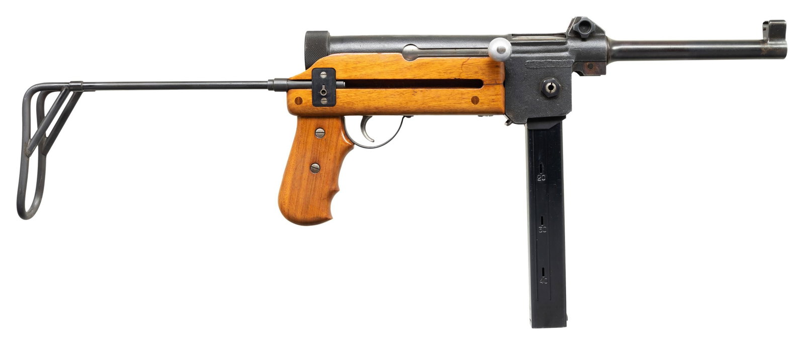 RARE FULLY TRANSFERABLE SIG M1948 SUBMACHINE GUN: Cal. 9mm. S# 3719. Bbl. 8 1/2". Blade front sight with protective ears. Adjustable U-notch rear sight graduated to 300m. All visible matching numbers. Post War Swiss SMG made by SIG. Very few of these
