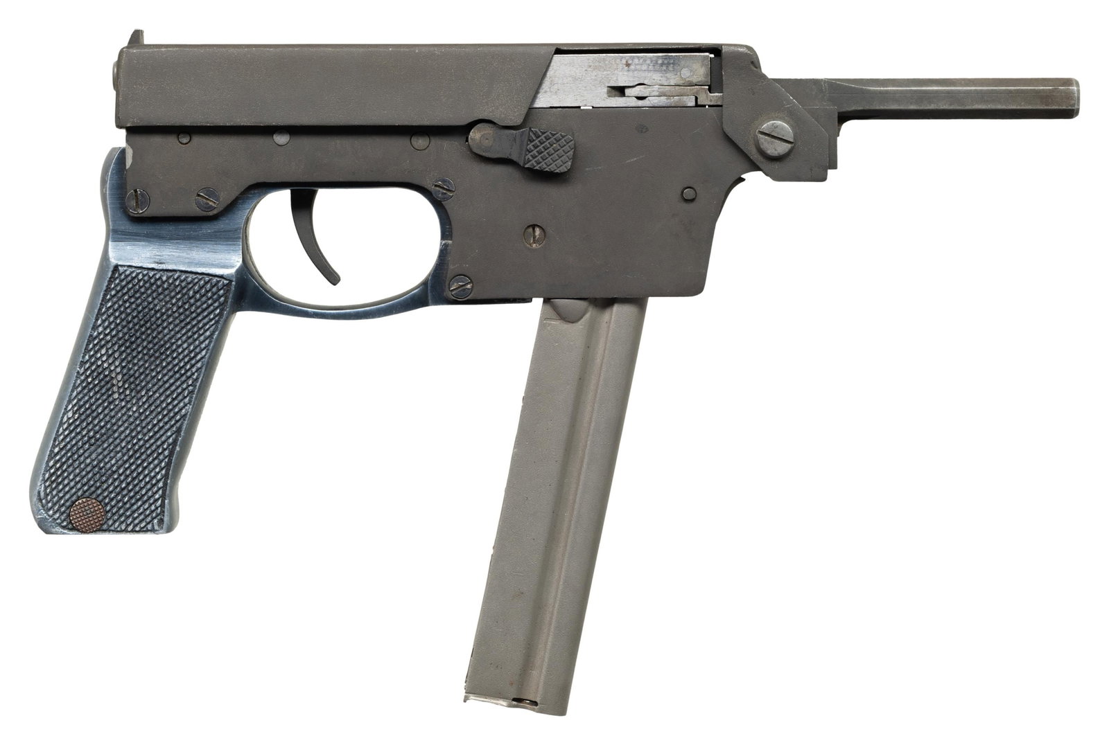 SCARCE COLUMBIAN S.A. POLICARPA LTD. 22-2 TWIN: BARREL MACHINE PISTOL. Cal. 22 (.22 LR). S# 0007. Bbls. 4". Designed by Heinrich Von WImmersperg, the 22-2 machine pistol was originally produced by the Venus Corporation of Utica, MI under the name "
