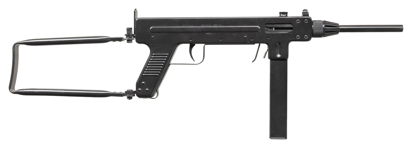 DANISH MADSEN M50 SUBMACHINE GUN.: Cal. 9mm (9x19mm Parabellum). S# 56033. Bbl. 7 7/8". M50 submachine mfg. in Denmark by DISA (Dansk Industri Syndikat A/S) under the Madsen trademark. The M50 featured a stamped steel construction and 