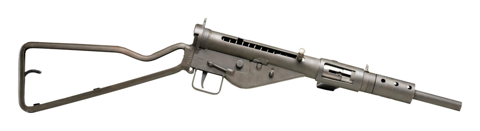 FULLY TRANSFERABLE YORK ARMS MKII STEN SUBMACHINE: GUN. Cal. 9mm. S# B110396. Bbl. 8". Blade front sight. Fixed aperture rear sight. Iconic WW2 British SMG originally as a wartime expediency. NFA registry lists mfr. as "York Arms Co." but no visible i