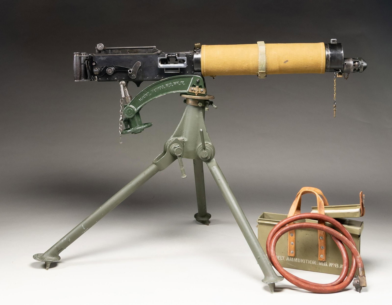 WILSON ARMS REGISTERED SIDEPLATE "L" SERIES: VICKERS MK I WATER-COOLED HEAVY MACHINE GUN WITH TRIPOD & ACCESSORIES. Cal. 7.92. S# VSA077. Bbl. 28". Mk I heavy machine gun originally mfg. by Vickers as part of the "L" series (1915-1916) and later