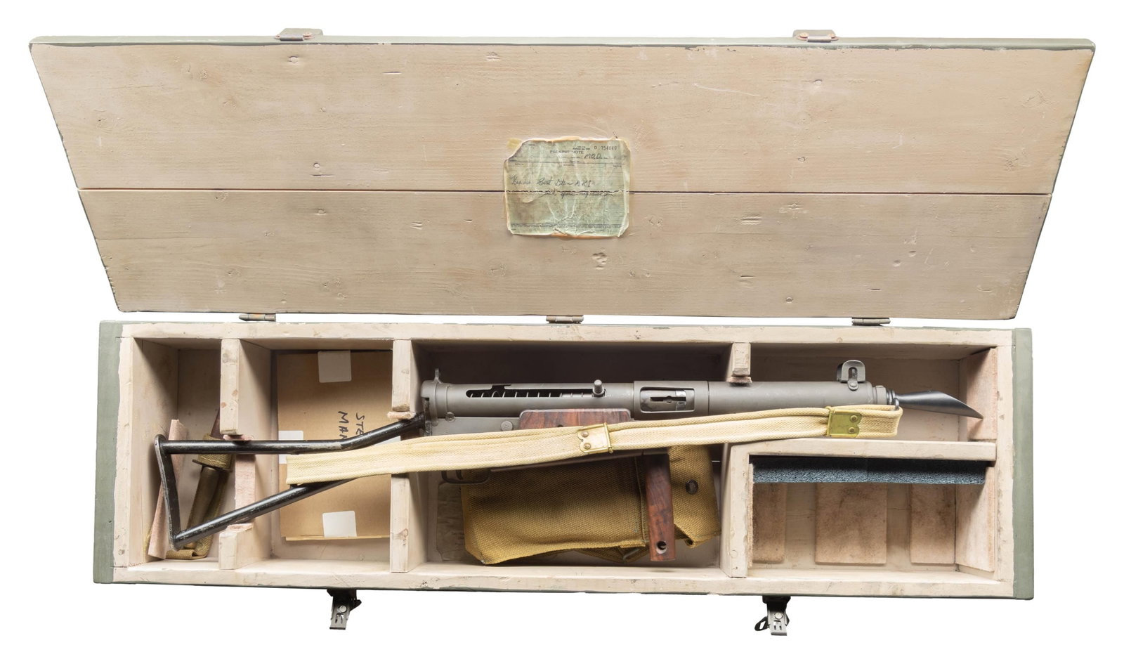 STUNNING CURIO & RELIC RECREATION OF A STEN MK I: "MACHINE CARBINE" WITH TRANSIT CHEST & ACCESSORIES. Cal. 9mm (9x19mm Parabellum). S# BT39375. Bbl. 7 3/4". Britain, in dire need of small arms, was in between a rock and a hard place, especially