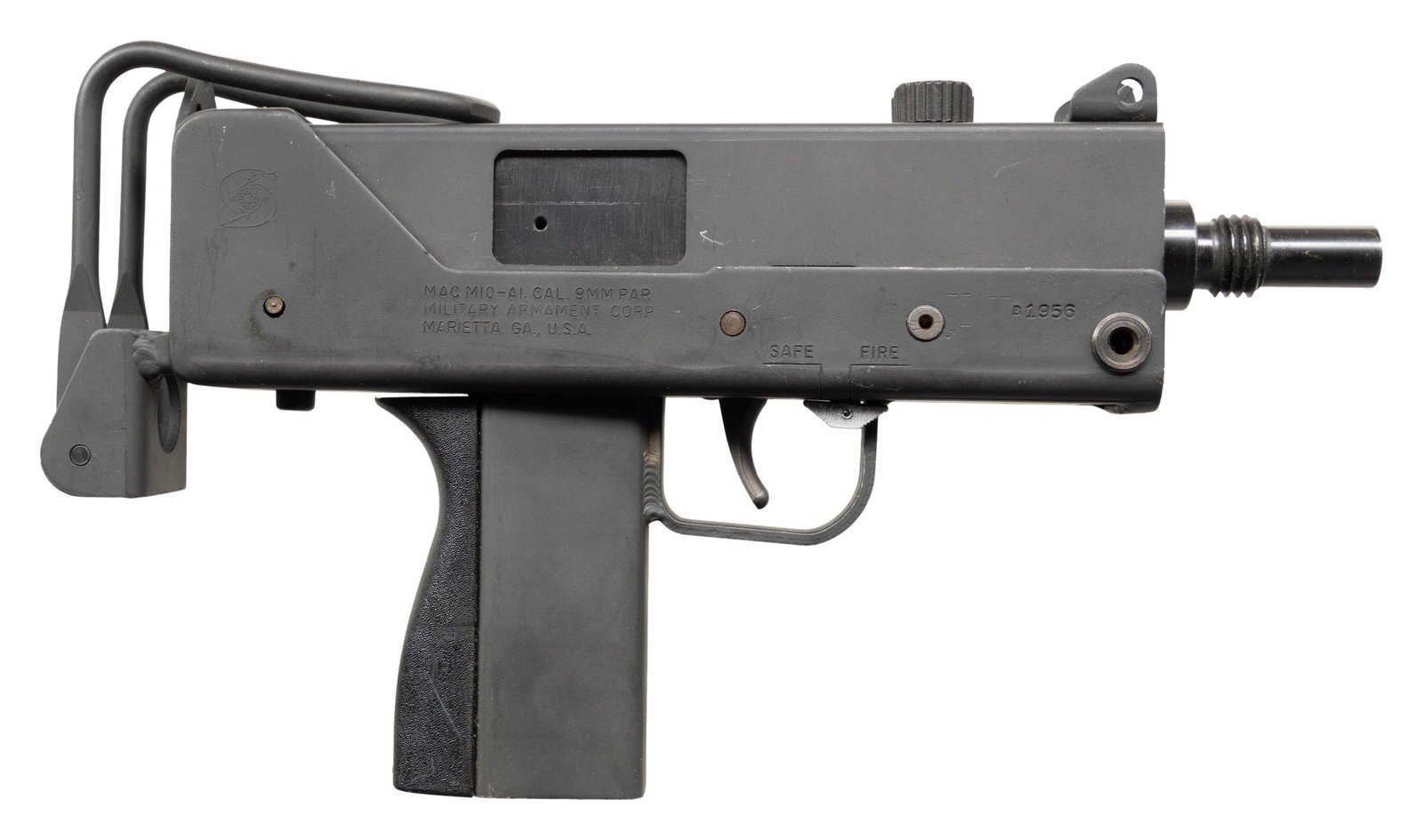 FULLY TRANSFERABLE RPB MAC-10A1 SUBMACHINE GUN.: Cal. 9mm. S# B1956. Bbl. 4 1/2". Blade front sight with protective ears. Fixed aperture rear sight. Marietta GA, MAC-10A1 SMG. Rear right of receiver has Cobray snake logo. Left side has RPB