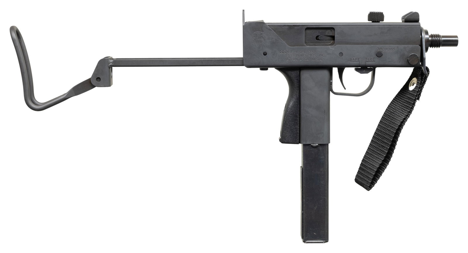 FULLY TRANSERABLE SWD M11 SUBMACHINE GUN.: Cal. 380. S# 3809365. Bbl. 5". Post front sight with protective ears. Fixed aperture rear sight. Desirable M11-A1 SMG. Right rear of frame has Cobray snake logo & RPB industries marking with Atlanta