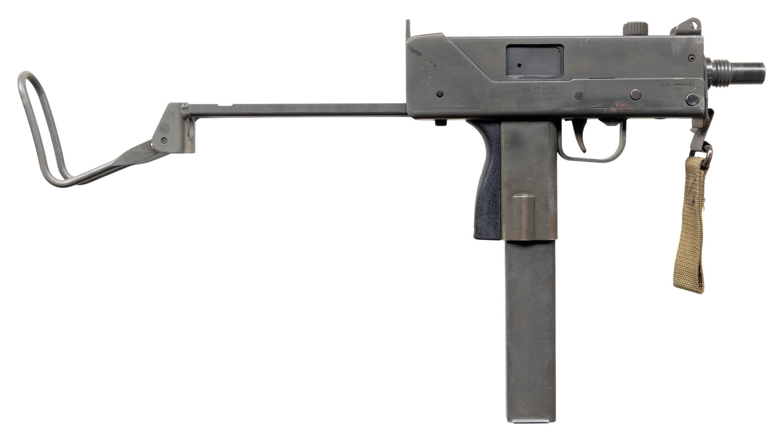 FULLY TRANSFERABLE MAC-10 SUBMACHINE GUN.: Cal. 45 (ACP). S# 13003042. Bbl. 4 1/2". Blade front sight with added red paint & protective ears. Fixed aperture rear sight. Powder Springs MAC-10 SMG. Right rear of receiver has Cobray snake logo.