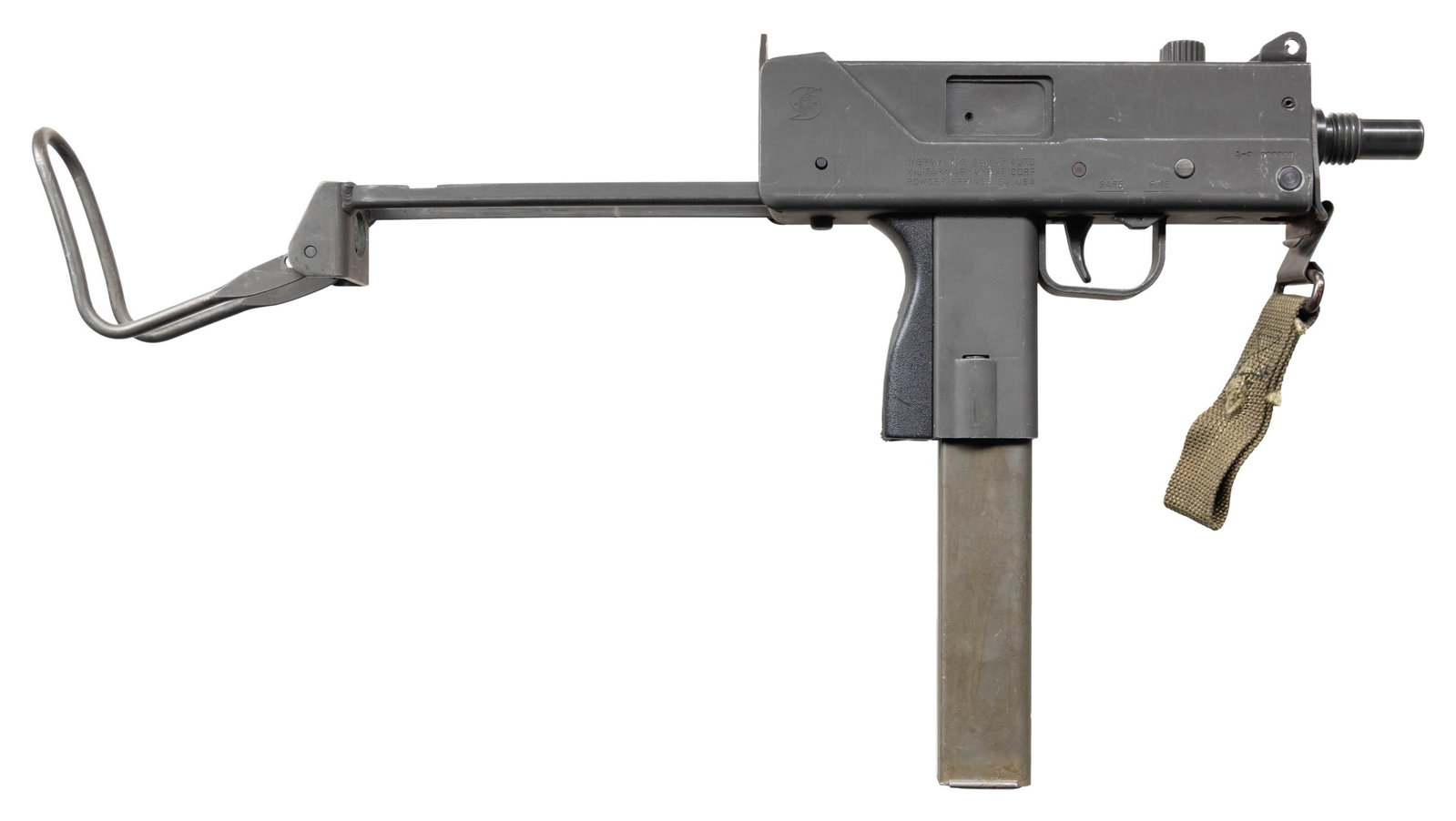 FULLY TRANSFERABLE POWDER SPRINGS INGRAM M10 SMG.: Cal. 45 (ACP). S# 13000920. Bbl. 5 3/4". Blade front sight with protective ears. Fixed aperture rear sight. Iconic MAC-10 submachine gun used in many movies & TV shows. Typical Ingram M10 receiver