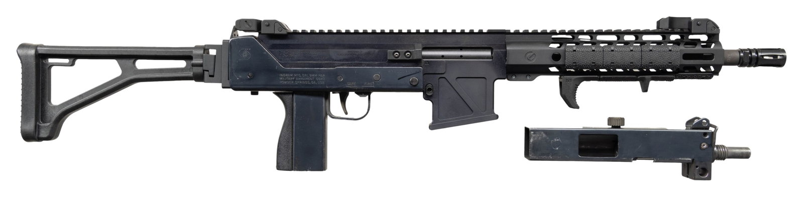 FULLY TRANSFERABLE BLUED INGRAM M10 9MM SUBMACHINE: GUN WITH LAGE MAX10/15 5.56 UPPER RECEIVER. Cal. 45. S# 2-2000715. Bbl. 6". There are very few firearms that conjure up the imagination of the general public more than the mere mention of the MAC 10.