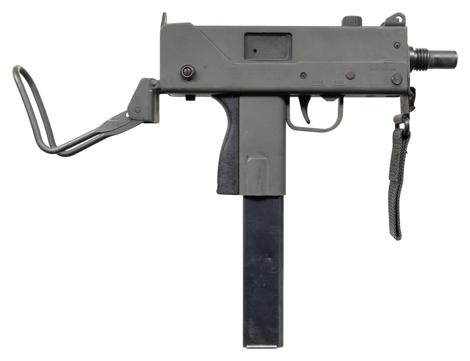 FULLY TRANSFERABLE MAC-10 SUBMACHINE GUN.: Cal. 45 (ACP). S# 13005213. Bbl. 4 1/2". Post front sight with protective ears. Fixed aperture rear sight. Powder Springs MAC-10 SMG. Right rear of receiver has Cobray snake logo. The MAC-10 was well