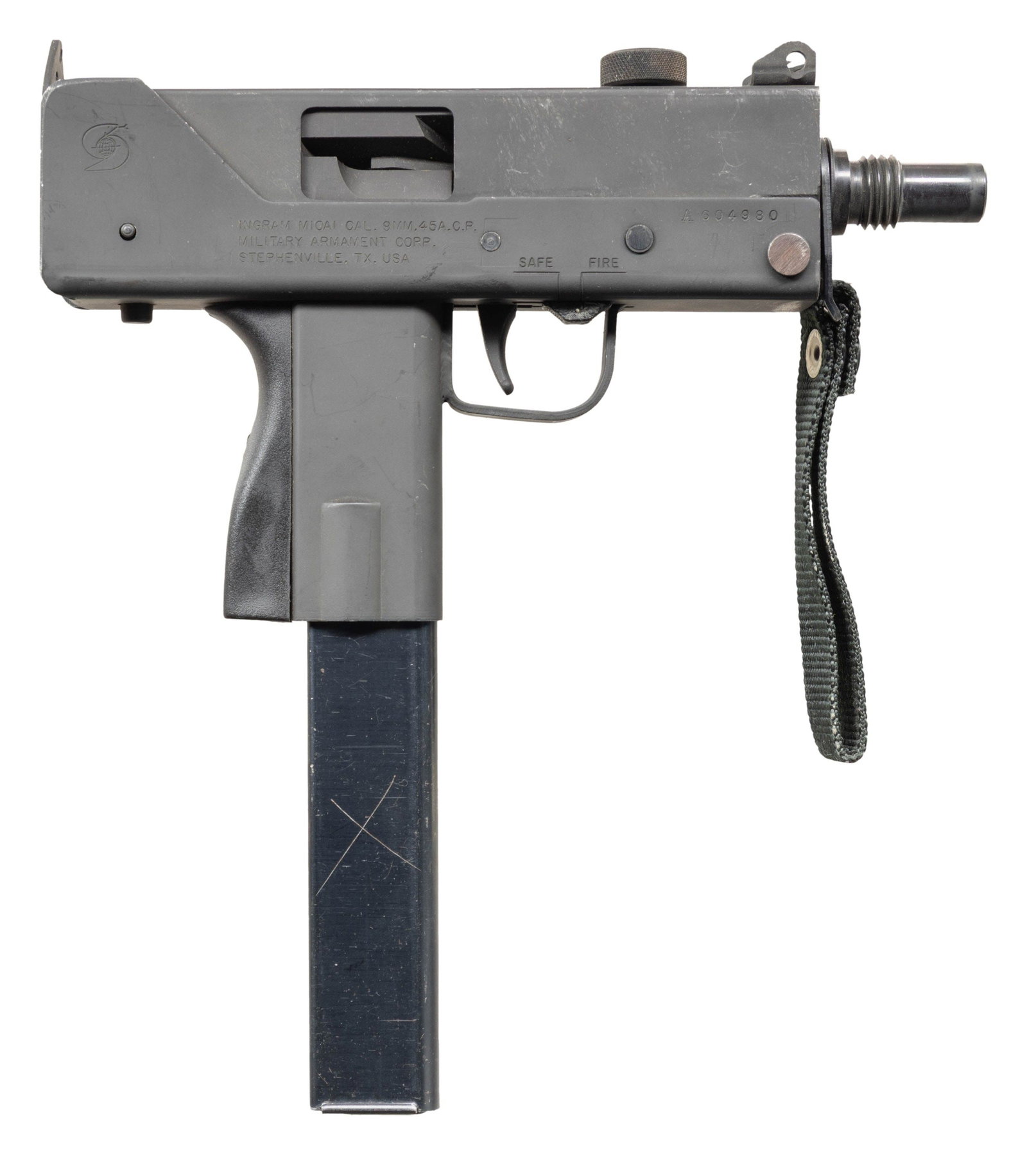 FULLY TRANSFERABLE MAC-10A1 SUBMACHINE GUN.: Cal. 45 (ACP). S# A604980. Bbl. 4 1/2". Blade front sight with added white paint & protective ears. Fixed aperture rear sight. Stephenville, TX made M10A1 SMG. Right side of receiver has Cobray snake