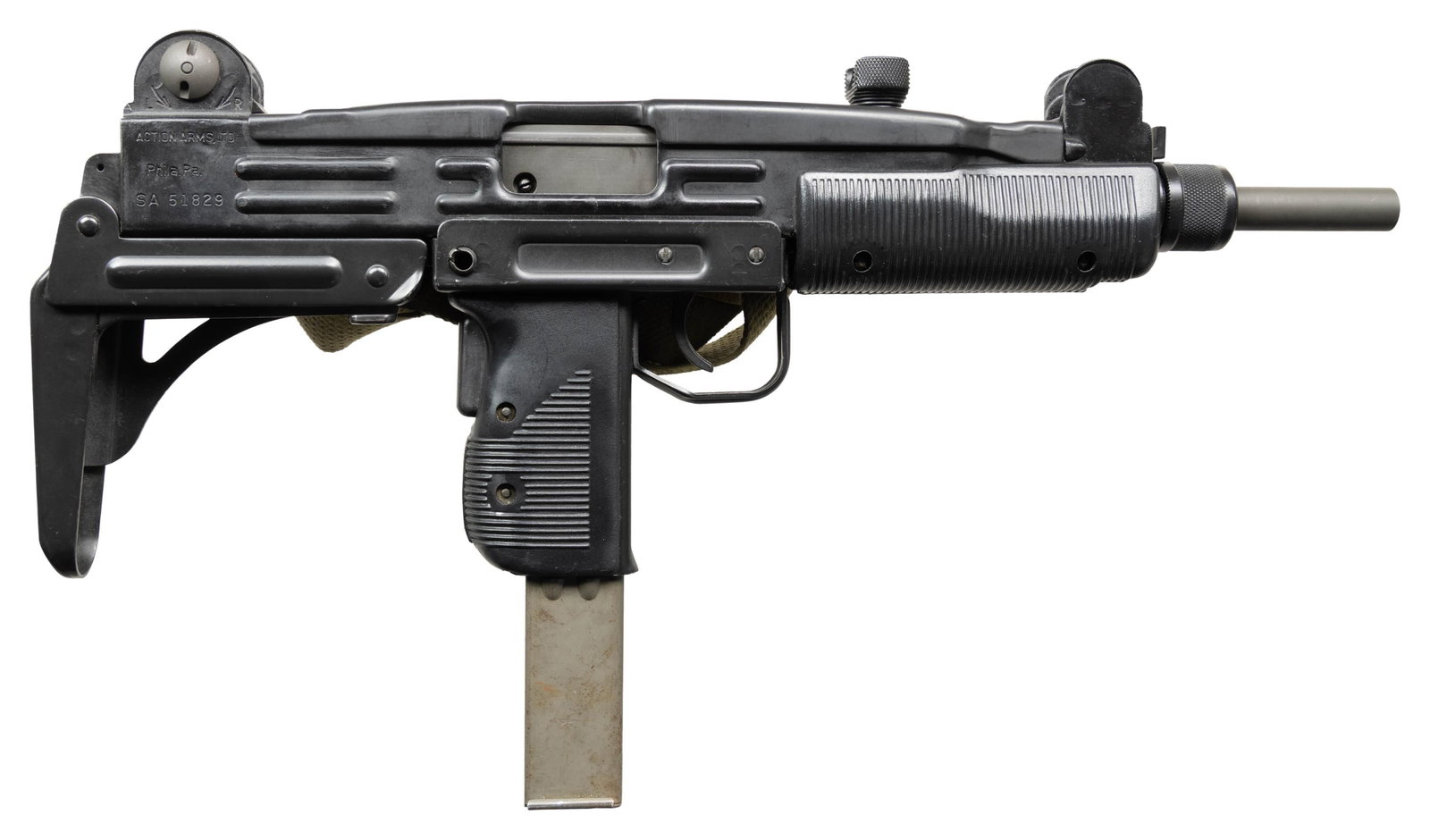 IMI / ACTION ARMS UZI MODEL B SUBMACHINE GUN.: Cal. 9mm (9x19mm Parabellum). S# SA5189. Bbl. 10 1/8". Originally mfg. as a standard Uzi Carbine in Israel by Israeli Military Industries (IMI) and imported by Action Arms, this example was