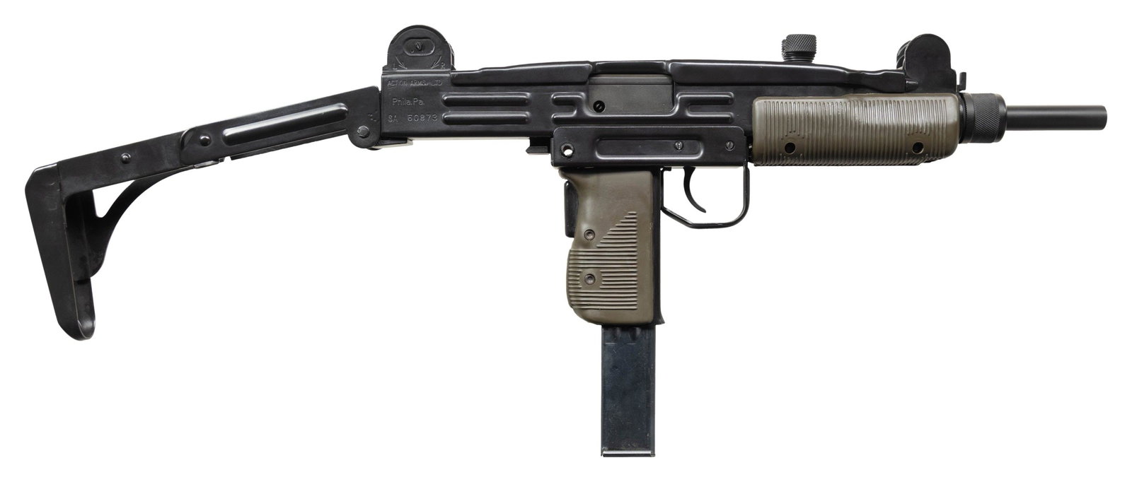FULLY TRANSFERABLE UZI REGISTERED RECEIVER: SUBMACHINE GUN BY BALLISTICS INC. Cal. 9mm. S# SA60873. Bbl. 10.25". An IMI Uzi carbine remanufactured by Ballistics Inc. of Wallingford, CT to the Israeli Submachine Gun configuration. Correct black