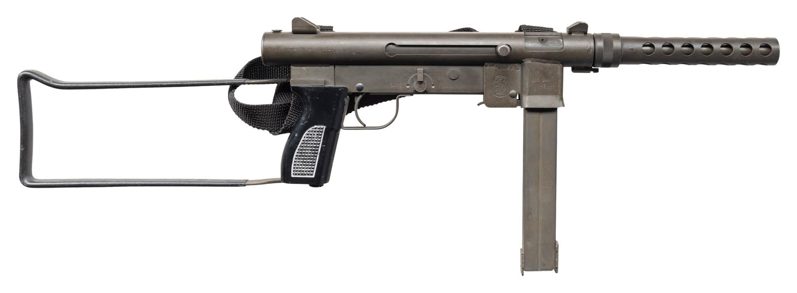 FULLY TRANSFERABLE SMITH & WESSON MODEL 76 SUB-: MACHINE GUN. Cal. 9mm. S# U4541. Bbl. 8". The Smith 76, as its commonly referred to, as a factory S&W open bolt SMG. It has a left side folding loop style stock. The tubular receiver is similar in aes