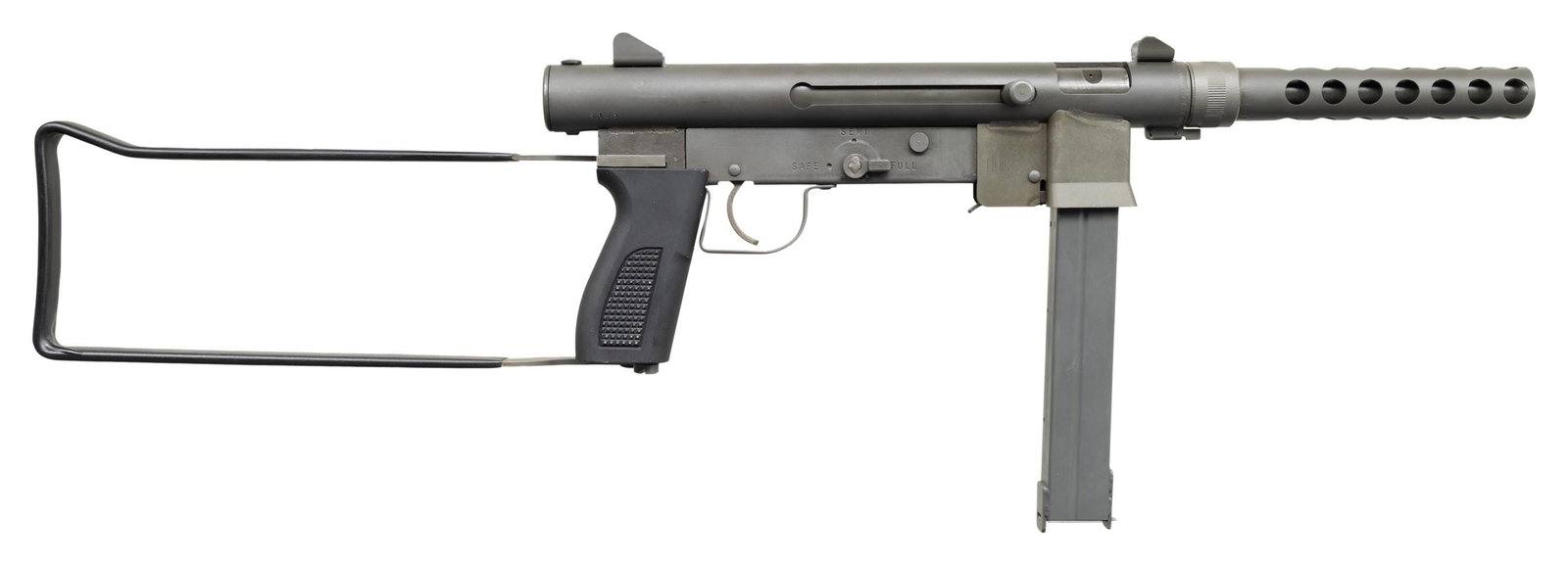 FULLY TRANSFERABLE MK ARMS MK760 SUB MACHINE GUN.: Cal. 9mm Para. S#S183. Bbl 8" with vented shroud. The MK Arms MK760 project started in the early 1980's after acquiring M76 manufacturing rights from Smith & Wesson. It is yet another evolution of thi
