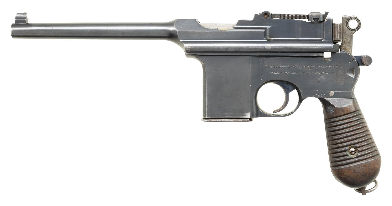 EXCEEDINGLY SCARCE SPANISH ASTRA MODEL F: SELECT-FIRE MACHINE PISTOL. Cal. 9mm Largo. S# 29910. Bbl. 6 5/16". 1 of only 1,126 Model F select-fire machine pistols mfg. by Astra in 1934-1935 under contract for Spain's Guardia Civil (Civil