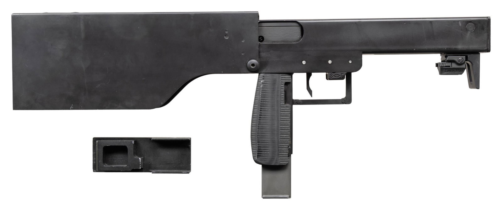 FULLY TRANSFERABLE, PEARL MANUFACTURING UC 9MM: FOLDING SUBMACHINE GUN. Cal. 9mm. S# UC0076. Bbl. 8" An extremely unique & equally rare folding submachine gun designed by Utah Connor of Pearl Manufacturing & Tim Bixler of South Central Research