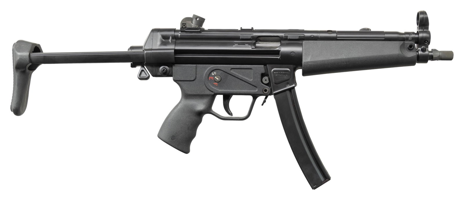 SHOOTERS OUTPOST MP5 SHORT BARRELED HOST GUN WITH: S&H ARMS REGISTERED AUTO SEAR PACK. Cal. 9mm (9x19mm). S# 8063 (receiver) 1135 (auto sear). Bbl. 9". MP5 short barreled rifle receiver mfg. by Shooters Outpost. Top of the receiver exhibits standard H