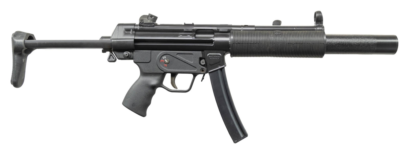 SHOOTERS OUTPOST MP5-SD SHORT BARRELED RIFLE HOST: GUN WITH FLEMING REGISTERED AUTO SEAR PACK & ORIGINAL HK MP5SD SILENCER. Cal. 9mm (9x19mm). S# 10836 (receiver), H2156 (sear pack), 000813 (silencer). Bbl. 7 1/2". MP5-SD short barreled rifle receiver