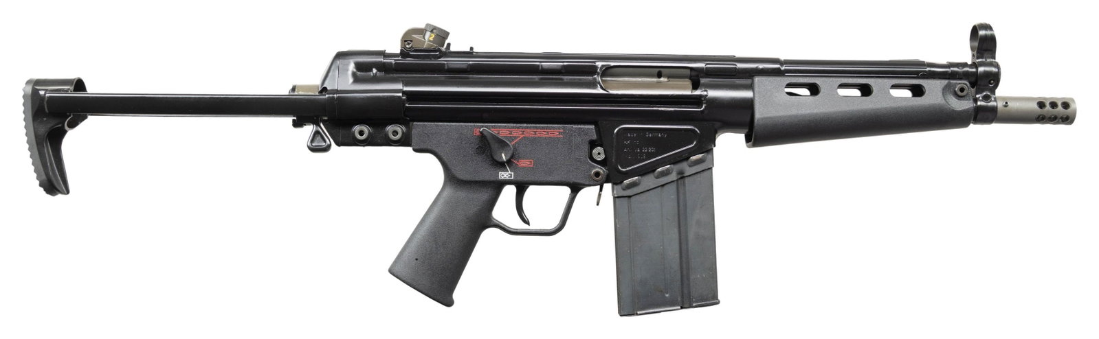 FULLY TRANSFERABLE GORGEOUS HK51 BY MIKE'S EXOTICS: UPGRADED BY TERRY DYER WITH COA. Cal. 308. S# A021908. Bbl. 8.9". The HK-51 is the fire-breathing, decibel-increasing, earth-shaking older brother that the MP5 never wanted in the first place. At