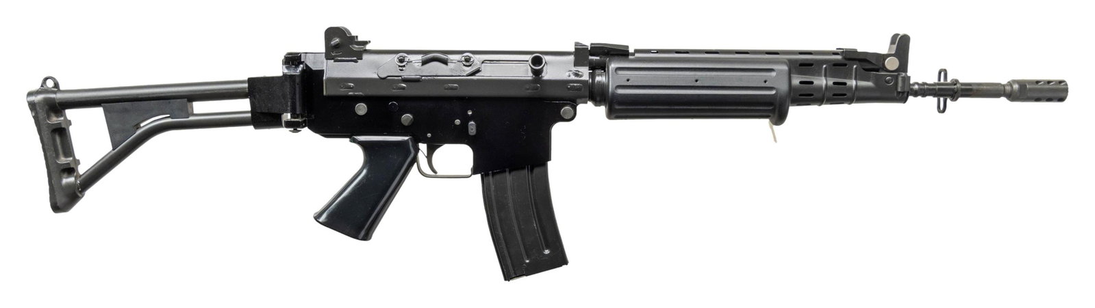 FULLY TRANSFERABLE SELECT FIRE BELGIAN FNC: WITH S&H SEAR. Cal. 5.56 NATO. S# S012876 (Rifle) 3459 (Sear). Bbl. 16.5". A very clean original Belgium manufactured Fabrique Nationale rifle in the Paratrooper configuration, converted to select