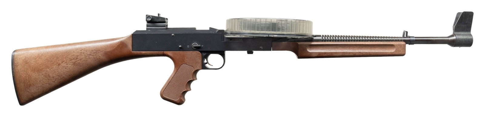 PRE-86 DEALER SAMPLE (KEEPER) AMERICAN 180 M2: MACHINE GUN. Cal. 22 LR. S# A004520. Bbl. 16 1/2" finned. Blade front sight with protective ears. Adjustable aperture rear sight. Austrian made & American Arms International of Salt Lake City