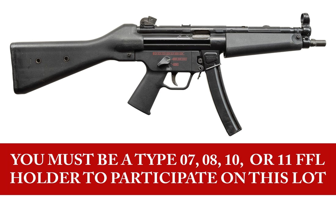 POST 86 DEALER SAMPLE HK MP5 SMG.: ***BIDDERS INTERESTED IN THIS LOT MUST CURRENTLY HOLD A TYPE 07, 08, 10, OR 11 FFL.*** Cal 9x19. S#C317665. Bbl 9" with HK MP 5 marked top rail. hooded post front sight, drum adjustable rear sight.