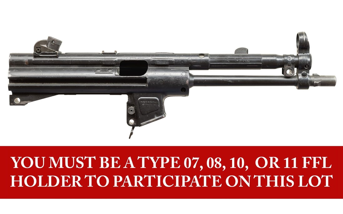 POST 86 DEALER SAMPLE HK MP5 BARRELED: RECEIVER. ***BIDDERS INTERESTED IN THIS LOT MUST CURRENTLY HOLD A TYPE 07, 08, 10, OR 11 FFL.*** Cal 9x19. 9" Bbl with hooded post front sight, drum adjustable rear sight. charging handle present. pad
