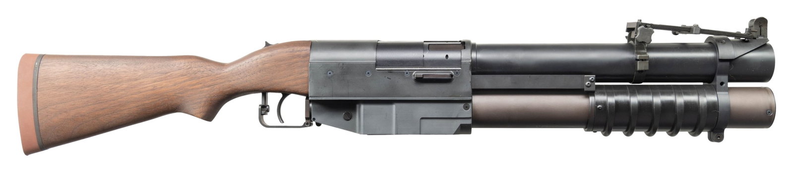 ASI/RETRO CHINA LAKE 4-SHOT PUMP GRENADE LAUNCHER.: Cal. 40MM. S# 40MMPGL32. Bbl. 14". The mythical "Pumper Thumper" 40mm grenade launcher as designed by the Special Operations Branch at China Lake Navel Weapons Center. China Lake was a facility that w
